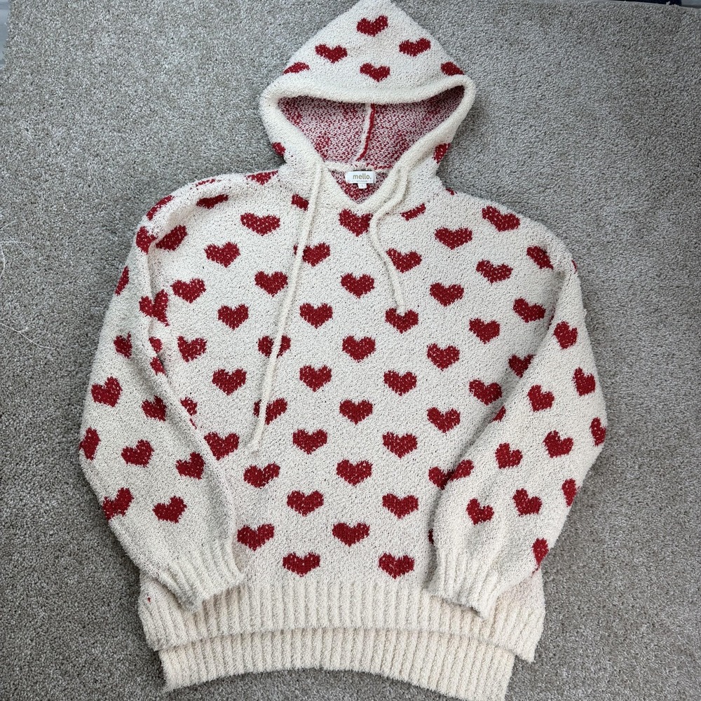 Mello. Sweater Womens Large White Hooded Heart Print Chunky Knit Pullover Top